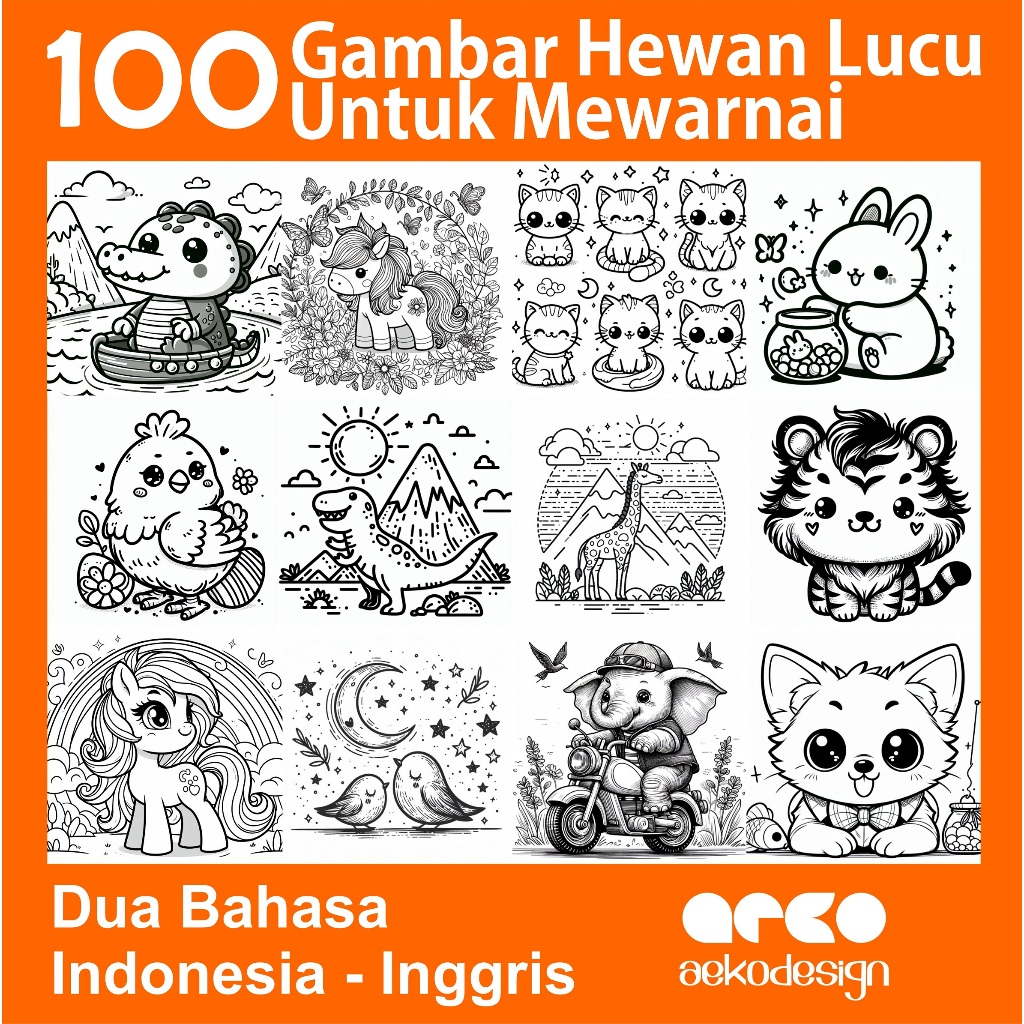 100 Lembar Kertas Mewarnai A4 dengan gambar hewan hewan lucu
