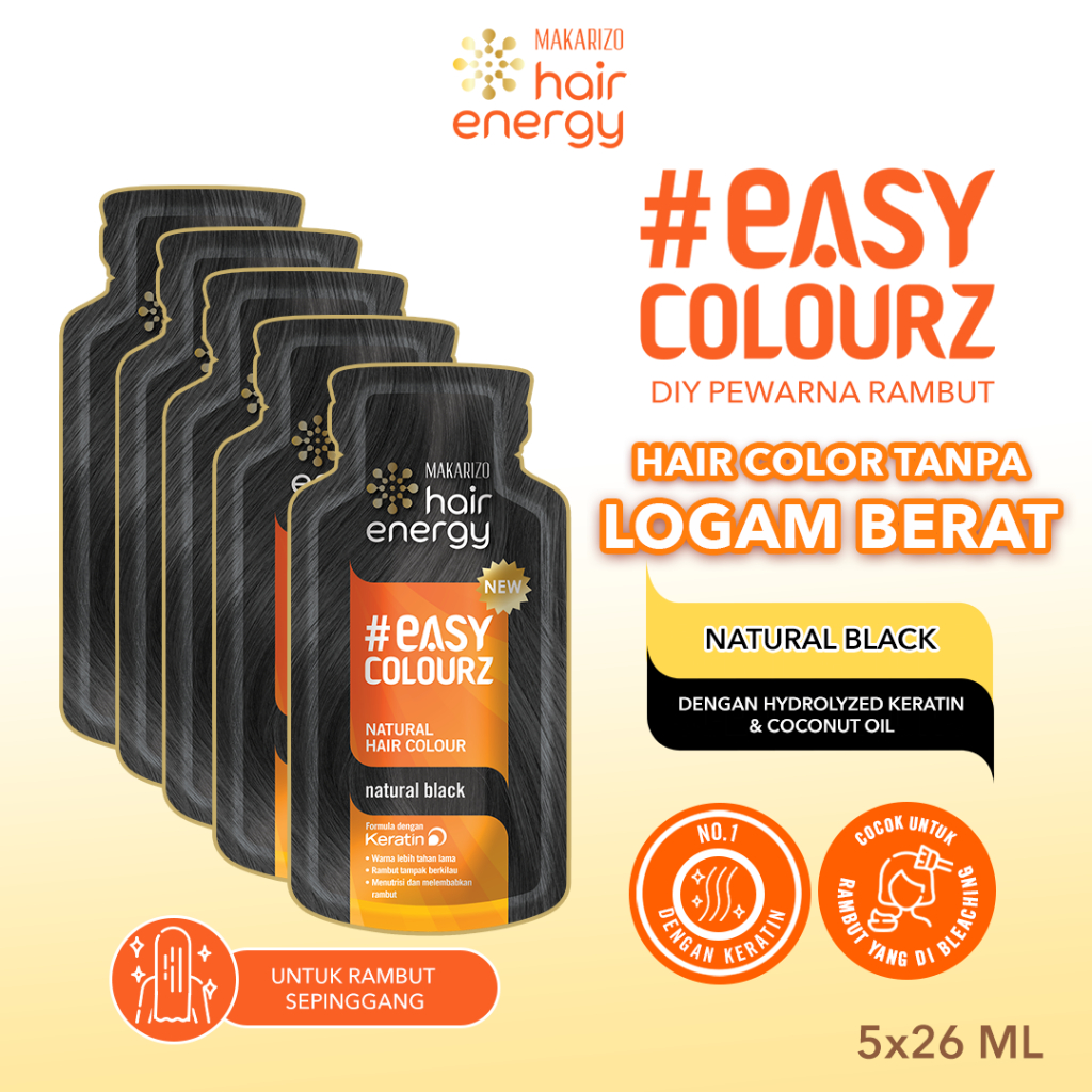 BUNDLE ISI 5 - Makarizo Hair Energy Easy Colourz 26 mL - Natural Black - Hair Color - Pewarna Rambut