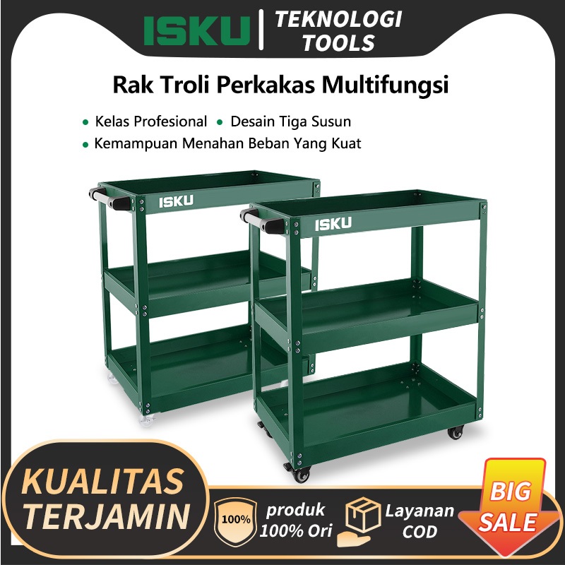 ISKU Troli Bengkel 3 Susun Rak Perkakas Dorong Beroda Plat Besi Tebal Lemari Alat Mekanik Otomotif H