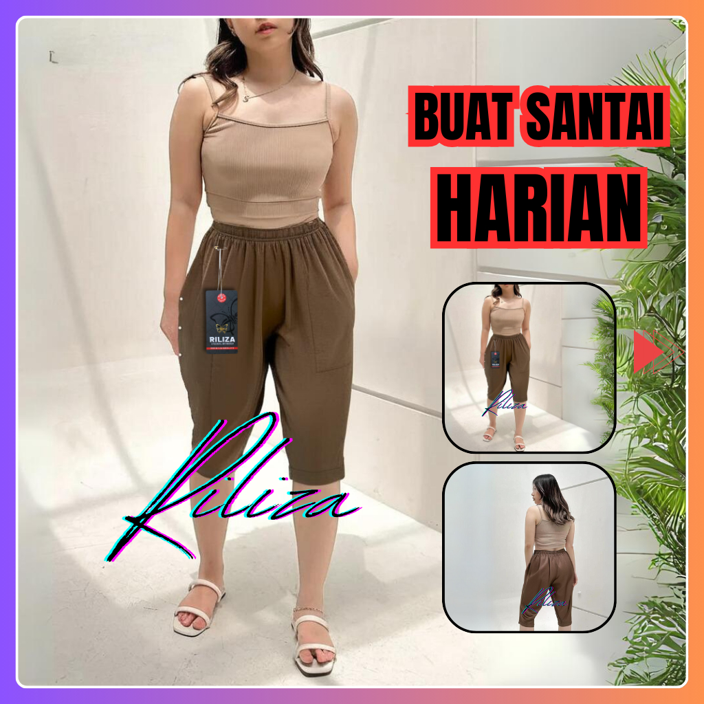 Celana Pendek Wanita Santai Selutut Korea Style Murah Bahan Katun Kaos Tebal Pinggang Karet