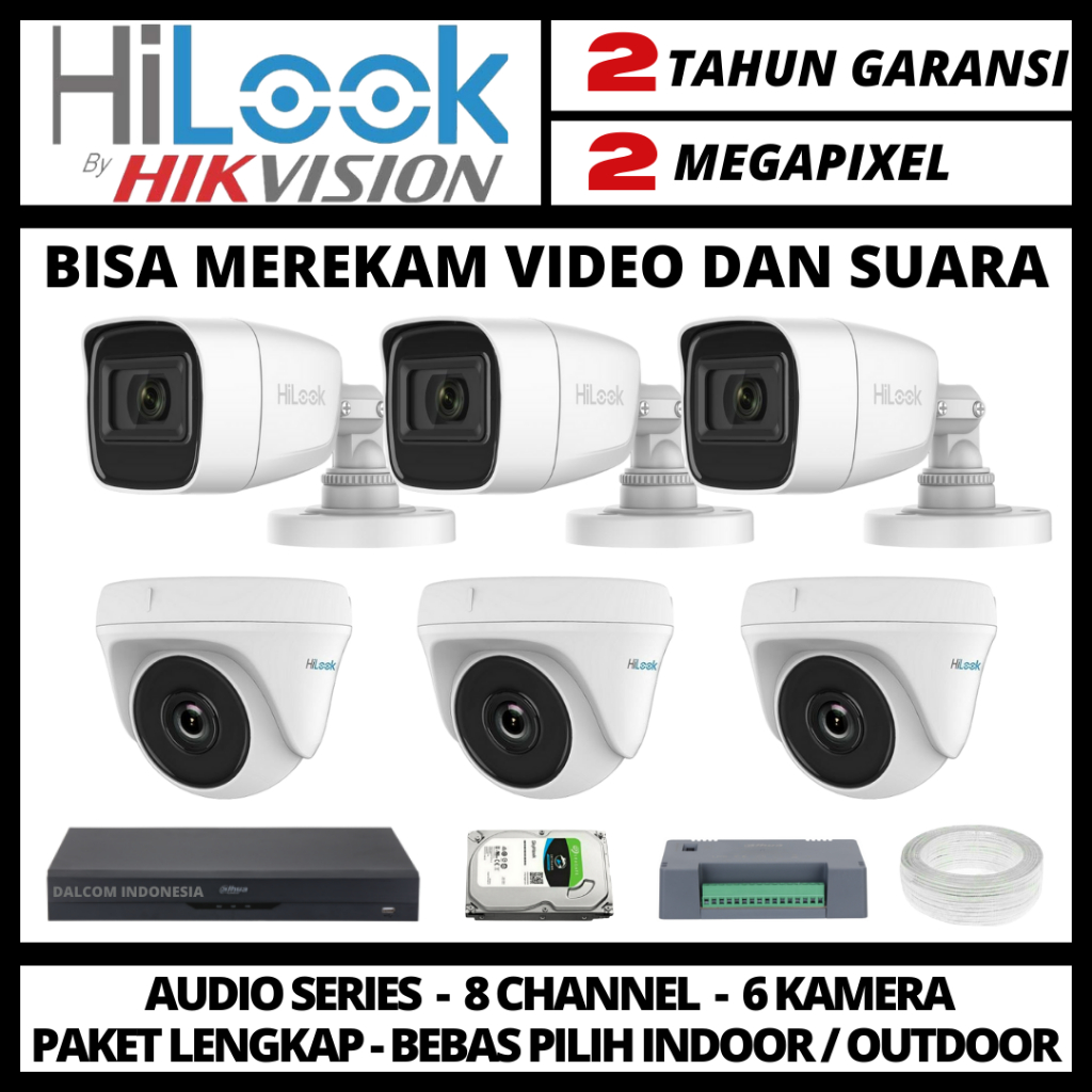 PAKET CCTV HILOOK 2MP 8 CHANNEL 6 KAMERA