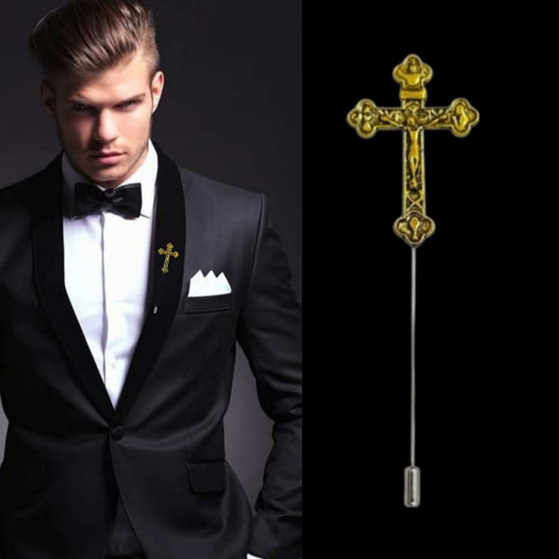 Metal Golden Cross Lapel Pin Bros Jas Kameja Tuxedo Salib Mens Pria