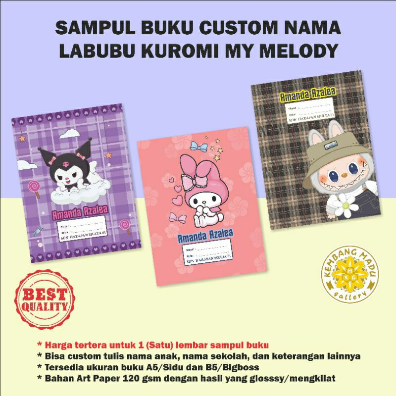 

Sampul Buku Custom Nama 1 Lembar Labubu Kuromi dan My Melody