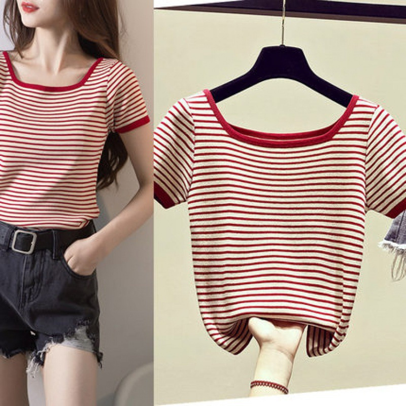 [Hallyu] Atasan Wanita Lengan Pendek Salur | Baju Rajut import | Atasan Croptop Garis Garis | Baju R