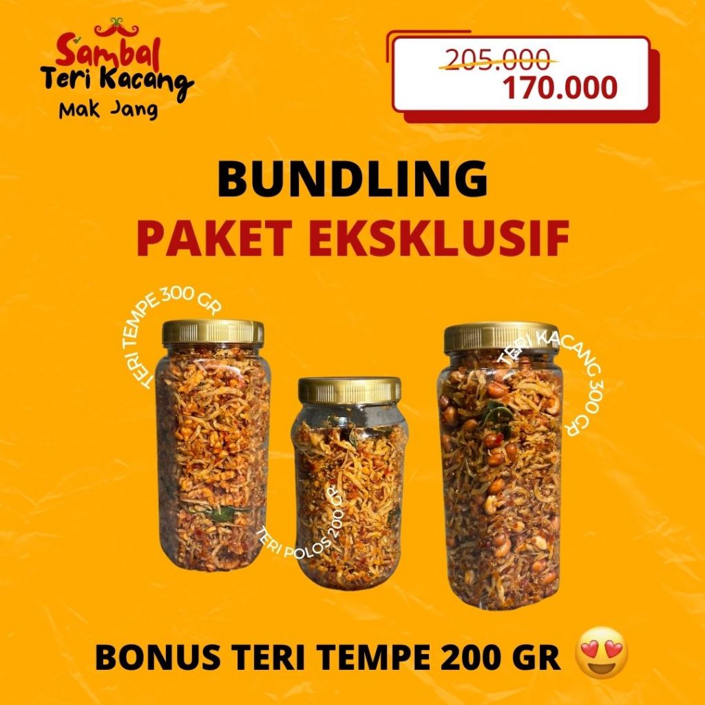 

PAKET EKSKLUSIF!! teri tempe + teri kacang 300 gram + teri polos 200 gram (BONUS TERI TEMPE 200 GRAM) by Mak Jang