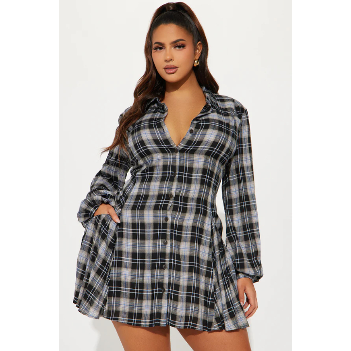 Pakaian Wanita Gaun Mini Kemeja Kotak-kotak Rianne - Biru/kombinasi