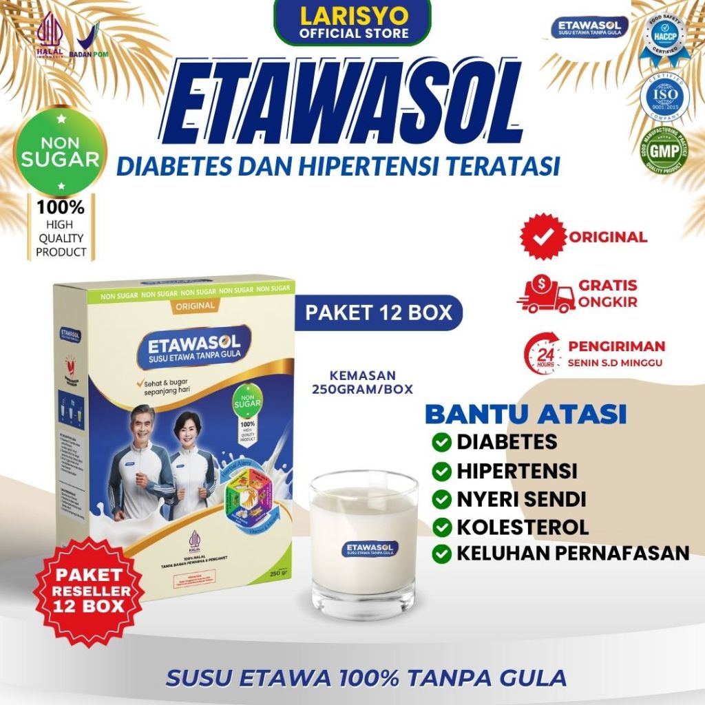 

Susu Kambing Etawa 100% Tanpa Gula Etawasol Untuk Diabetes, Hipertensi, Nyeri Sendi dan Pernafasan 250Gr Paket 8 Box