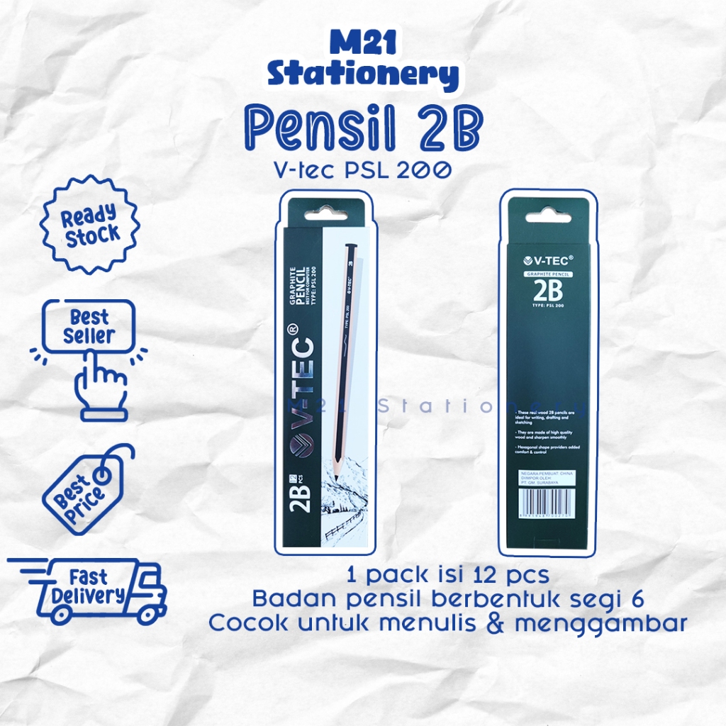 

(12 PCS) PENSIL 2B V-TEC PSL 200 / 1 pack pak vtec psl200 pencil kayu pena original menulis graphite menggambar sket sketch anak alat tulis sekolah kuliah atk kantor stationery murah / m21 stationery jogja
