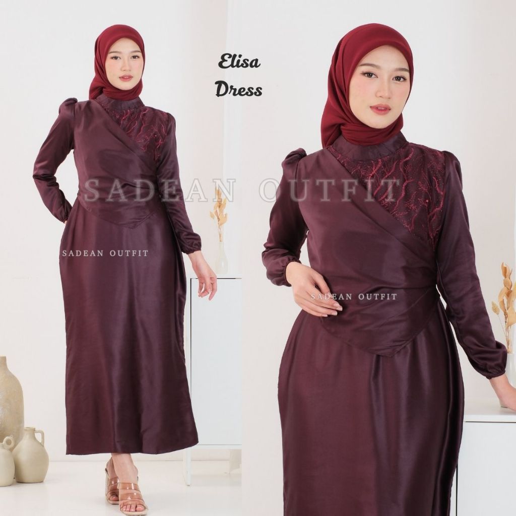 Elisa Dress Brukat Satin Silk Press Body Dress Kondangan Model Duyung Kekinian Gamis Lebaran Wanita