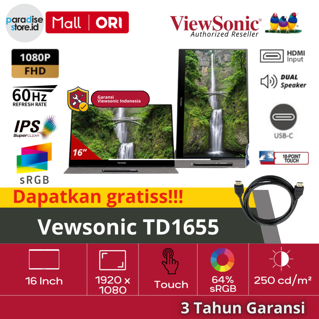 ViewSonic TD1655 - 15.6" Touch Portable Monitor | 1080p | USB-C