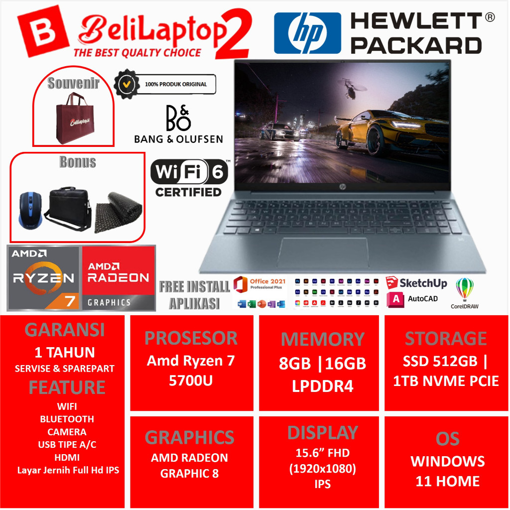 Laptop gaming hp pavilion amd ryzen 7-5700U Ram 16gb Ssd 1tb ssd 15.6 inch full hd IPS