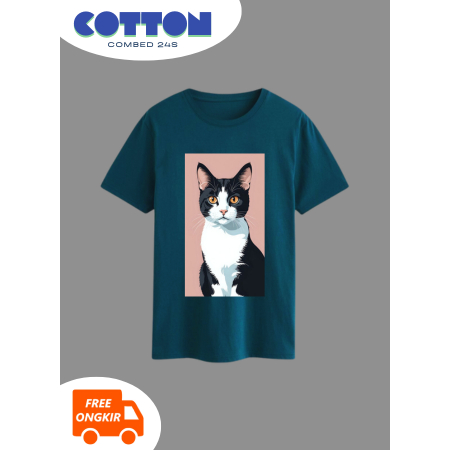 BAJU KAOS LENGAN PENDEK BIRU TOSCA GAMBAR KUCING LUCU S M L XL COTTON COMBED 24S