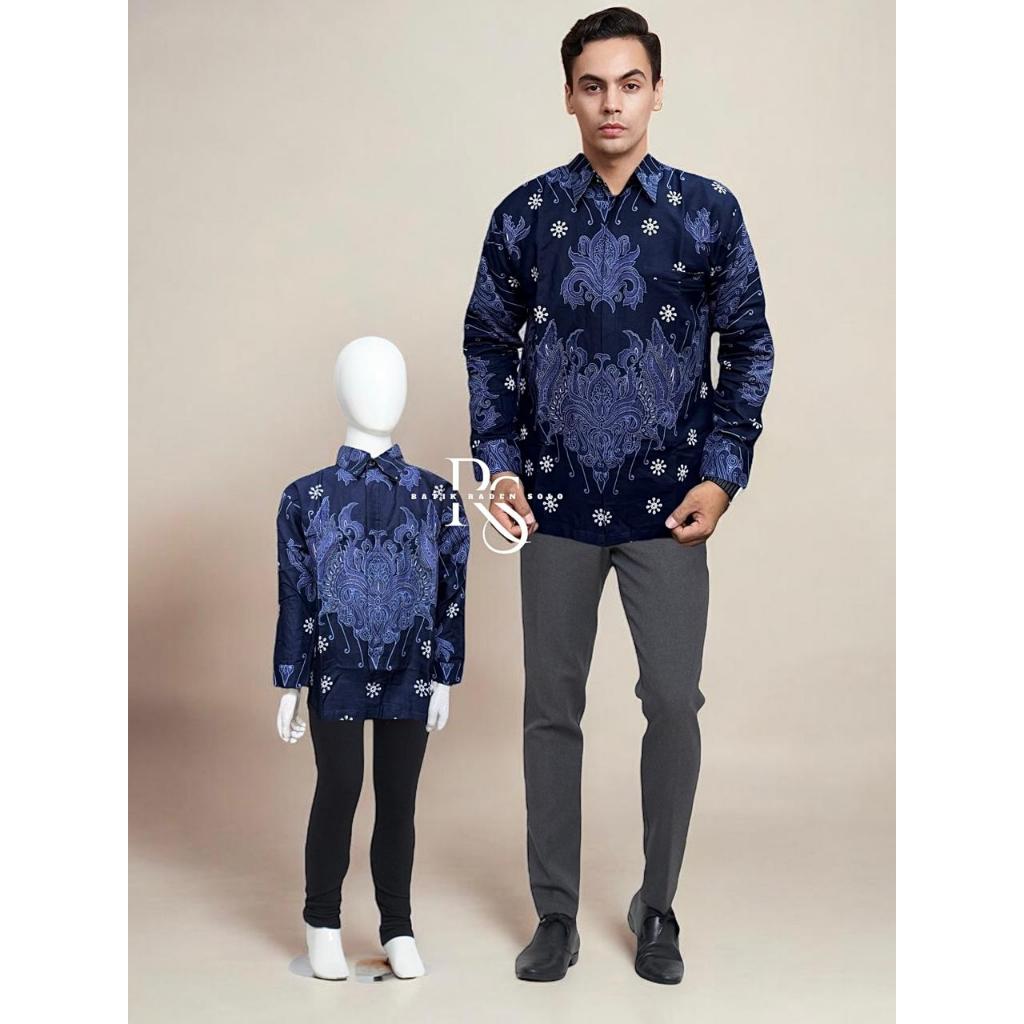 BIRU DONGKER,Batik Couple Ayah dan Anak Lengan Panjang Pendek Lapisan Furing Warna BIRU DONGKER NAVY