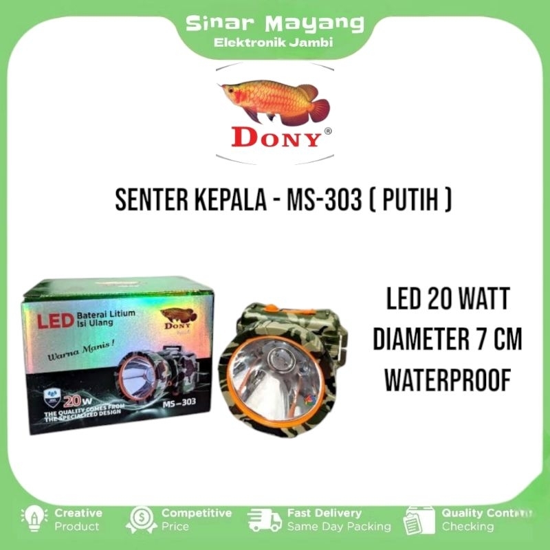 Senter Kepala DONY MS-303/ Lampu LED 20 Watt Super Terang/ Bisa Cas & Anti Air