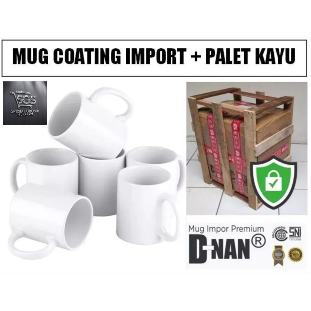 Mug Coating Putih Polos Import / Sablon Mug Sublim Super White Import Murah Merk Dnan + Palet kayu /