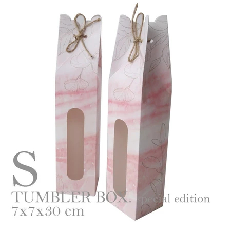 

( 10 pcs ) tumbler box ivory jendela mika tali rami motif marble pink dus souvenir botol pernikahan size 7x7x30 cm