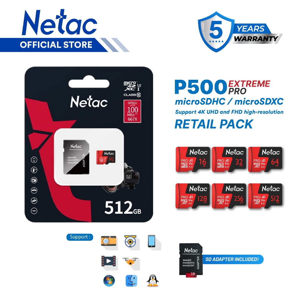 NAMPOL Netac MicroSD P500 Extreme Pro 16GB/32GB/64GB/128GB MicroSDHC/SDXC Card with SD Adapter