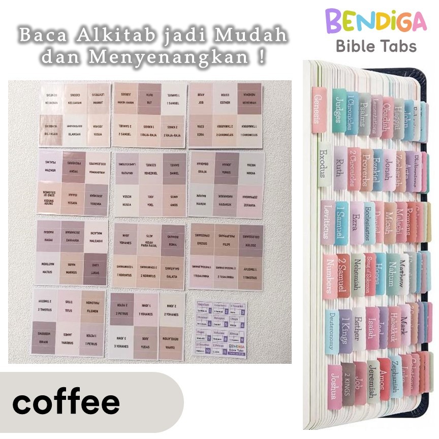 

ELSTUDIO BIBLE TABS v.1 COFFEE MIXED TONES Stiker Penanda Index Alkitab Sticker Bible Tabs Index 66 Dua Bahasa Inggris 66pcs Laminated BIBLE TABS INDEX Sticker Index Alkitab