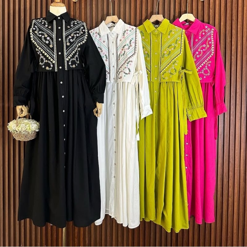 GAMIS ZARA BORDIR Lengan Panjang HITAM PUTIH PINK LIME READY RUMAH GAMIS SURABAYA