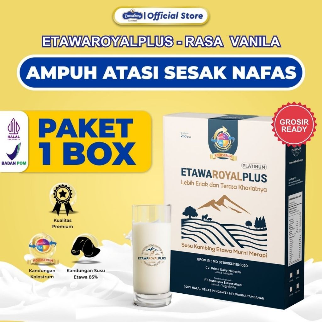 

Susu Kambing Etawa ETAWAROYALPLUS Platinum -Rasa Vanilla Untuk Sesak Nafas dan Nyeri Dada 250gr Paket 1 box