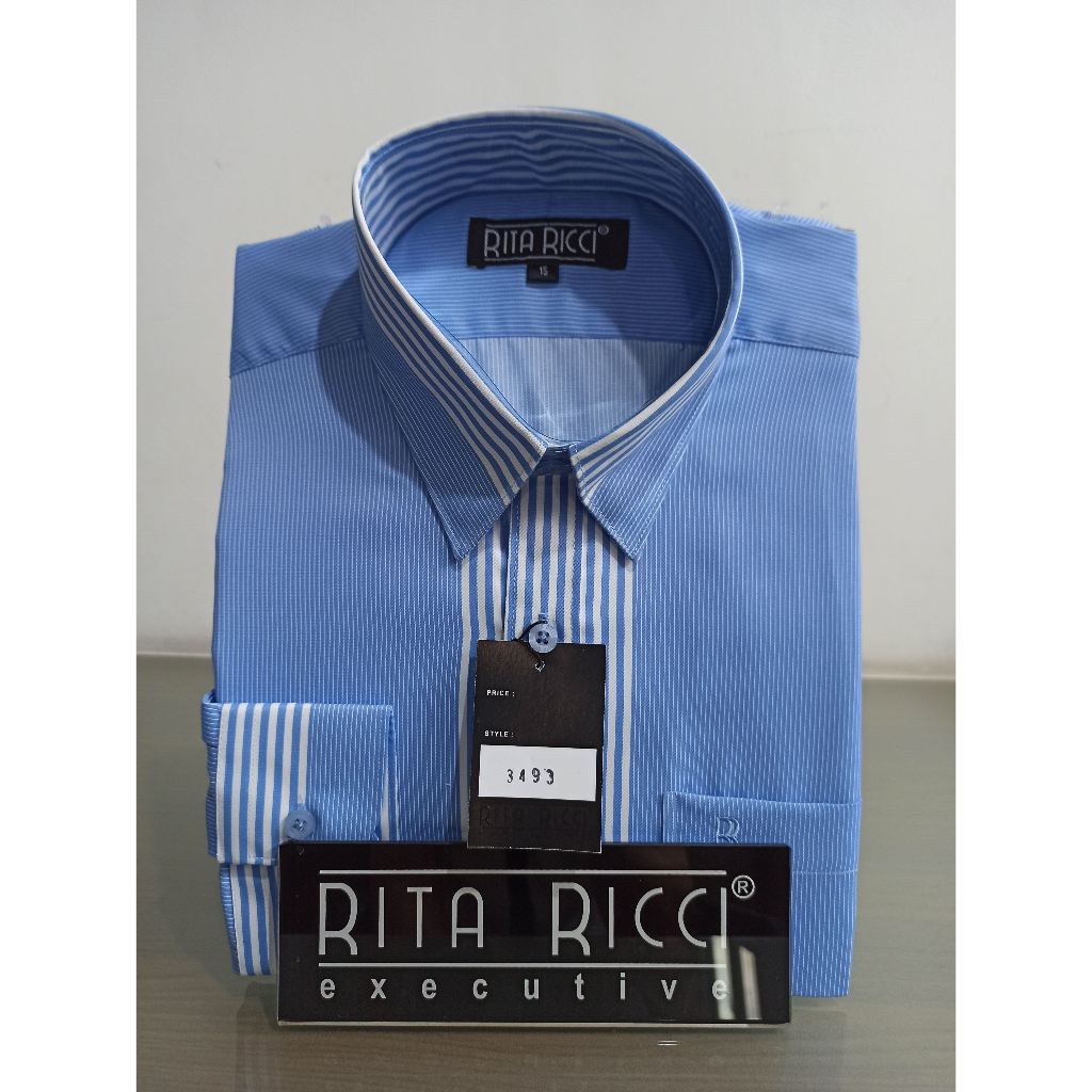 Kemeja Pria Rita Ricci Reguler Motif garis warna biru muda lengan panjang dan pendek artikel 3493