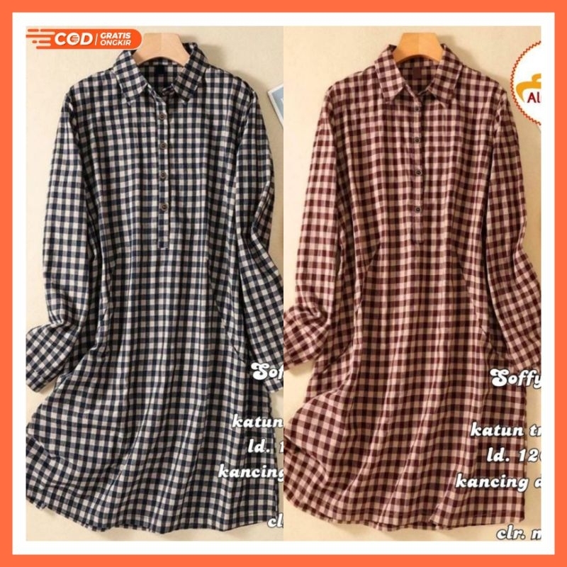 Tunik Muslimah Terbaru Katun Triset HQ Soffy Tunik Motif Kotak Kotak
