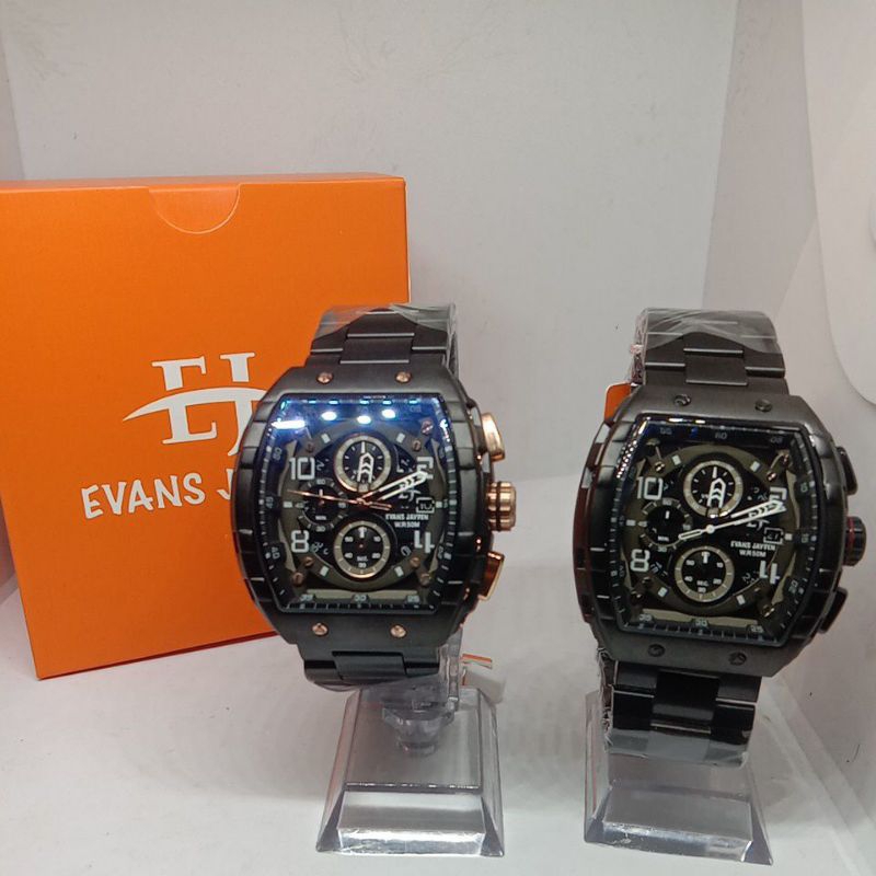 Jam Tangan Evans Jayden Crono Persegi Kaca Sapphire (EJ-9554-2) rantai Hitam