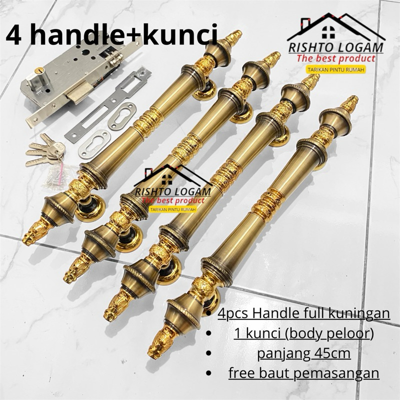 Handle Pintu Rumah Kuningan Gagang Pintu Kuputarung full set 4pcs dan kunci