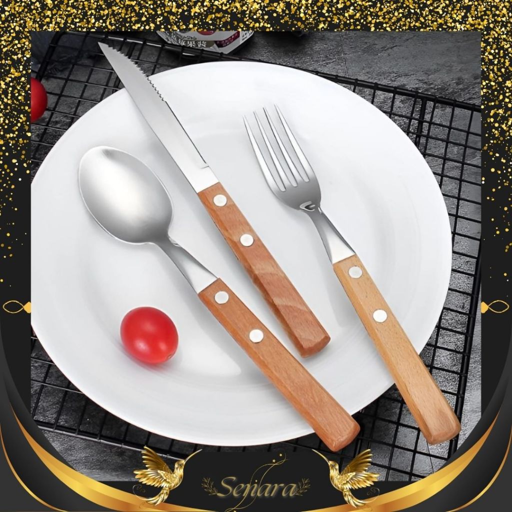 SENARA Set Sendok Pisau Garpu Steak / Sendok Pisau Garpu Gagang Kayu / Cutlery Set / Sendok Garpu Se