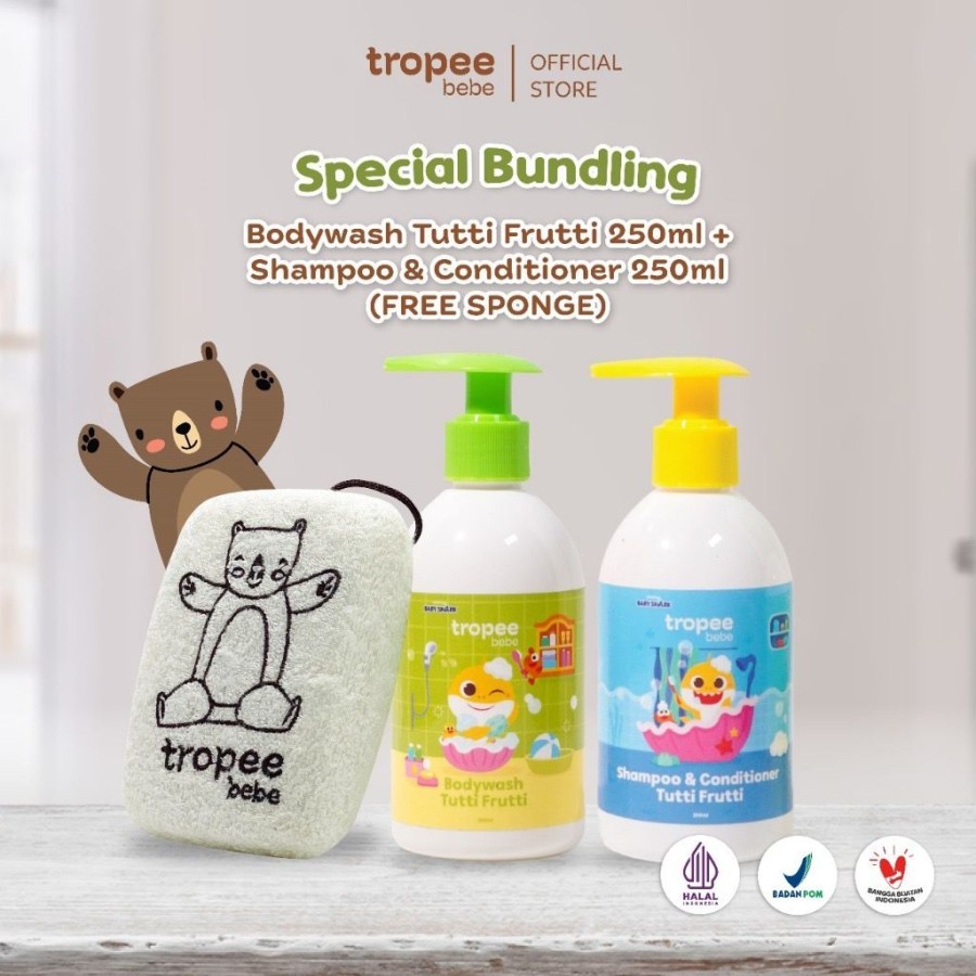 Tropee Bebe x Pinkfong Body Wash Tutti Frutti 250ml + Shampoo & Conditioner 250ml (Free Sponge) pera