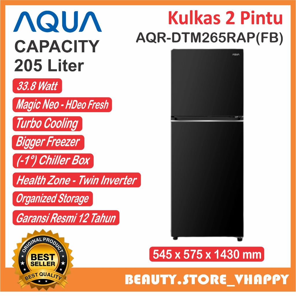 Kulkas 2 Pintu AQUA Twin Inverter 205 Liter AQR-DTM265RAP(FB) Turbo Cooling Garansi Resmi