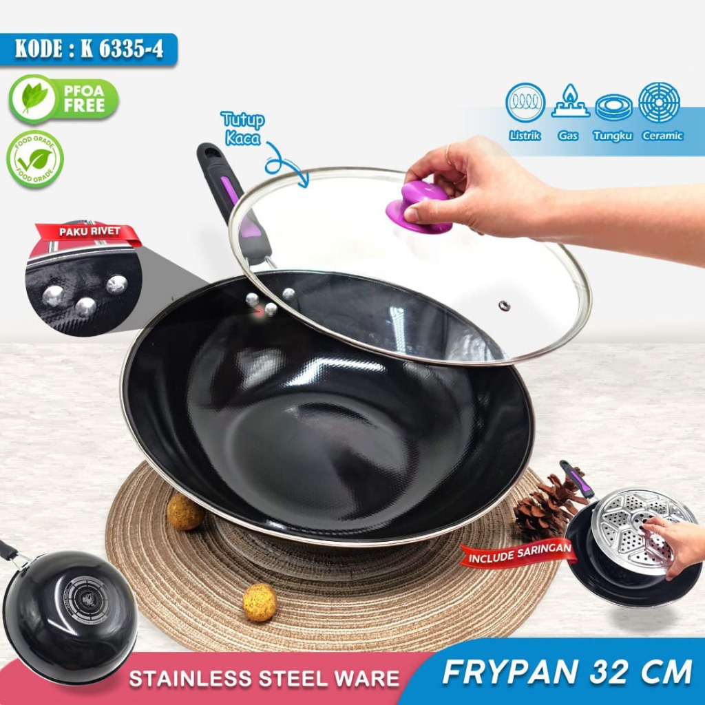 Wajan Wokpan Penggorengan Kukus Set Enamel Tutup Kaca Anti Lengket Saringan Panci Gagang Cookware