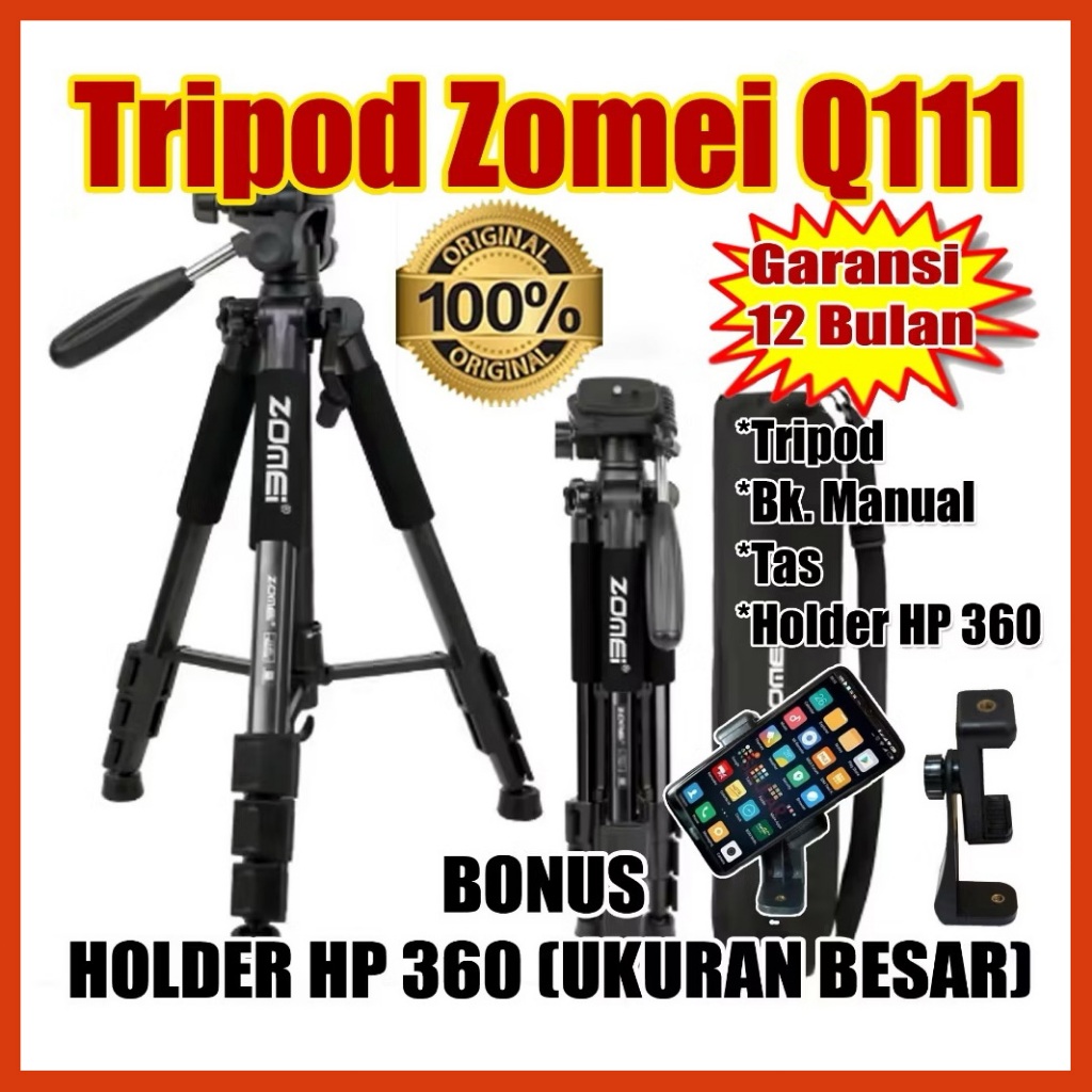 Tripod Zomei Q111 Original, Bonus : Holder HP 360 Ukuran Besar, Garansi 12 Bulan ZOMEI Q188 Profesio