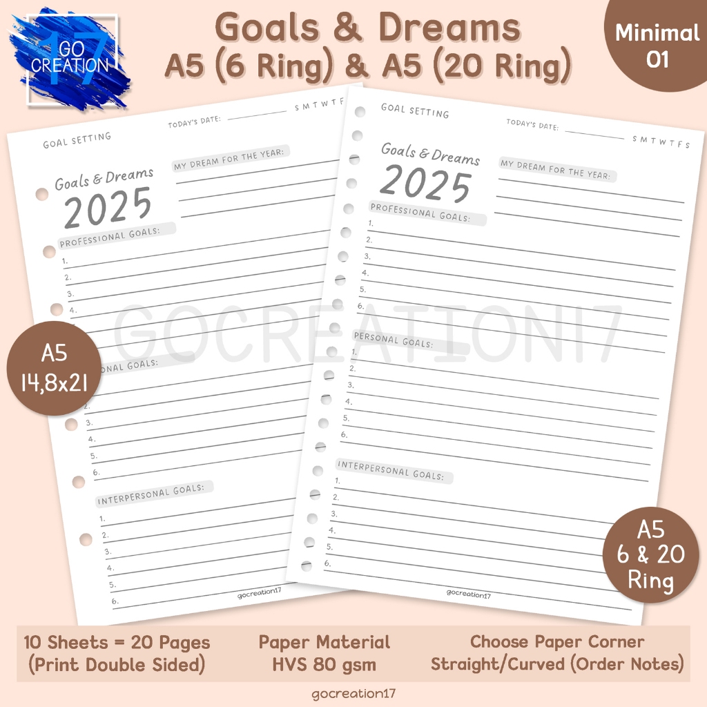 

Buku Planner Kertas Isi Binder Goal and Dreams Simple Minimalis A5