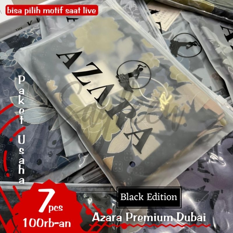 Paket Usaha 7pcs Black Edition Kerudung Segi Empat Azara Premium Dubai Motif Metal Logo Kemasan Pouc