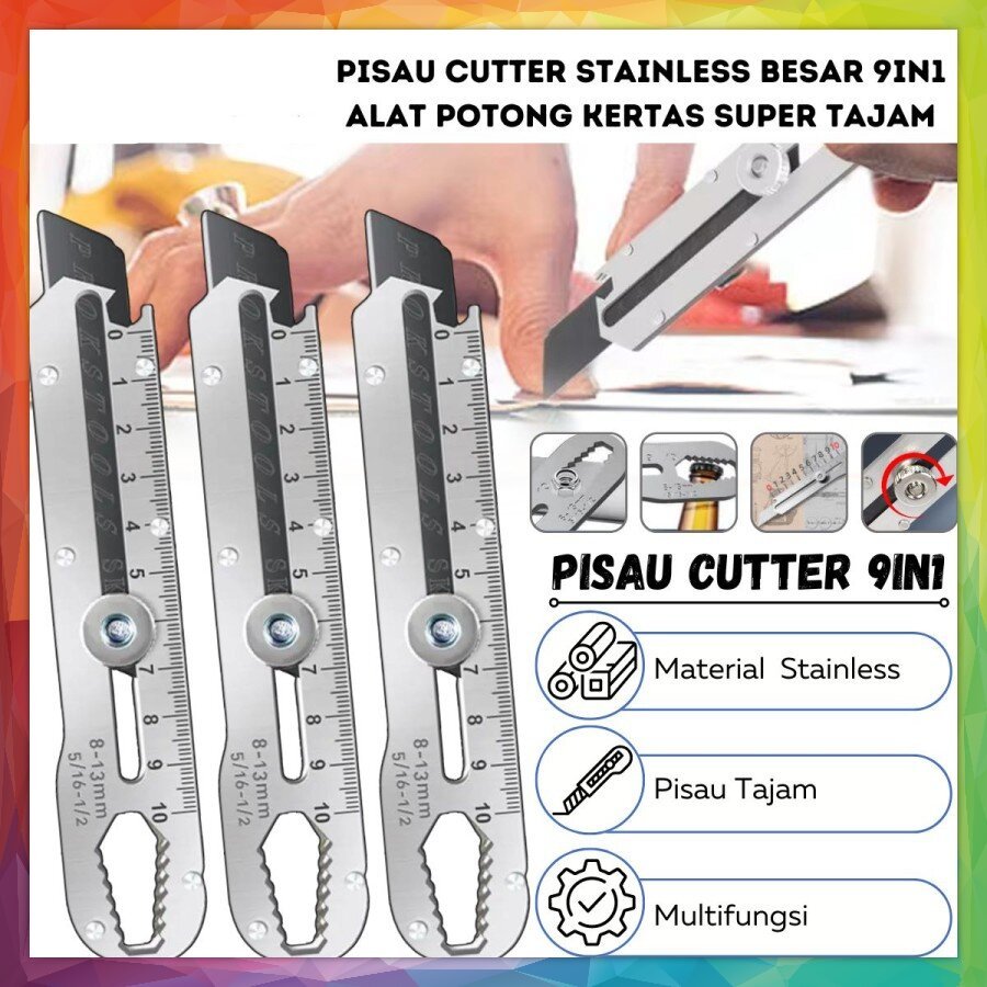 

Pisau Cutter Stainless Besar 9in1 Super Tajam Tahan Karat / Penggaris Screw Buka Kaleng Tutup Botol Baut Sekrup Mur Cuter Kater Kunci