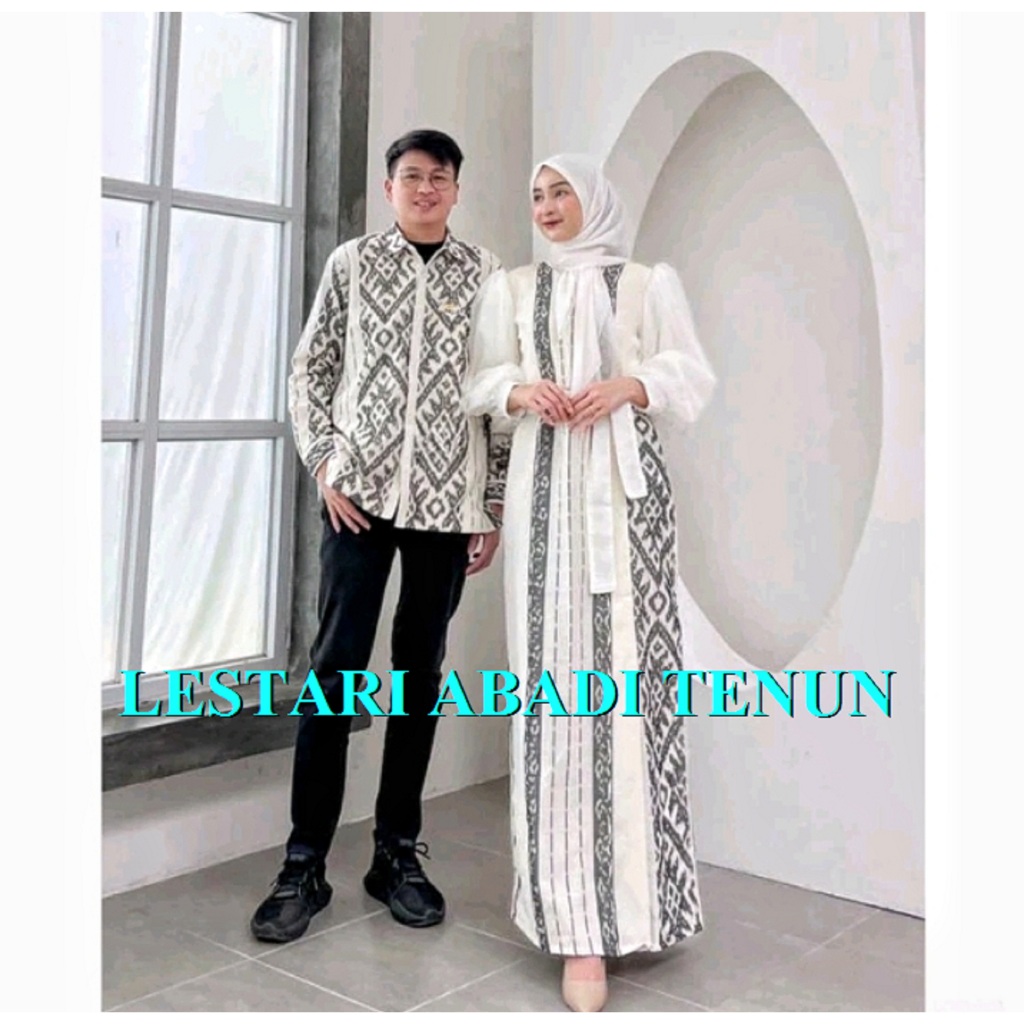 SET BAJU TENUN SARIMBIT, BAJU COUPLE, BAJU TENUN MOTIF KALIMANTAN PUTIH TERBARU
