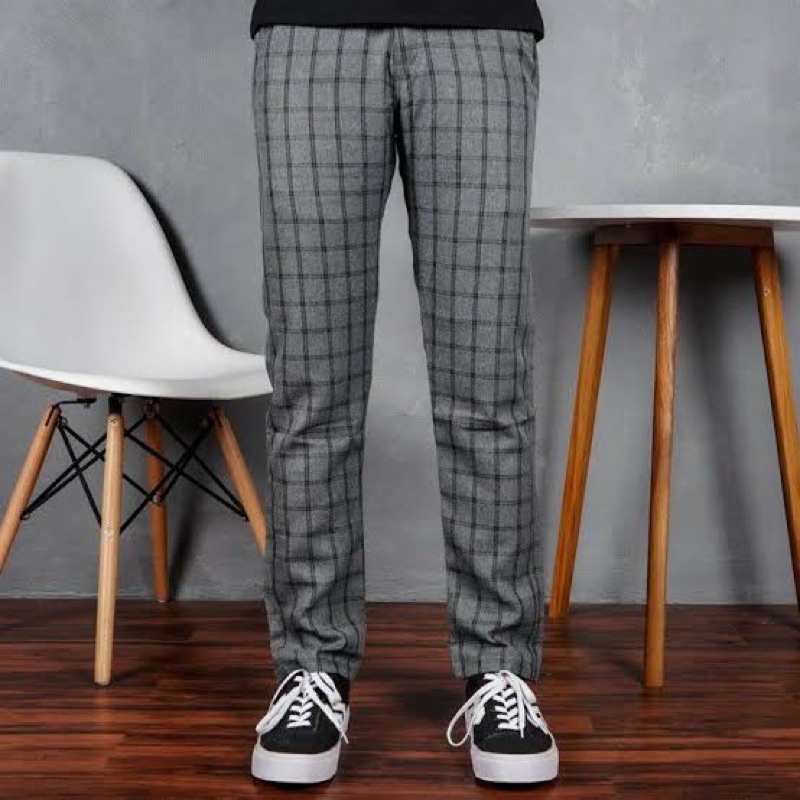 Celana Chino Tartan Pria Ankle Pants Motif Kotak Kotak Panjang Cowok Salur Model Korea Slim Fit