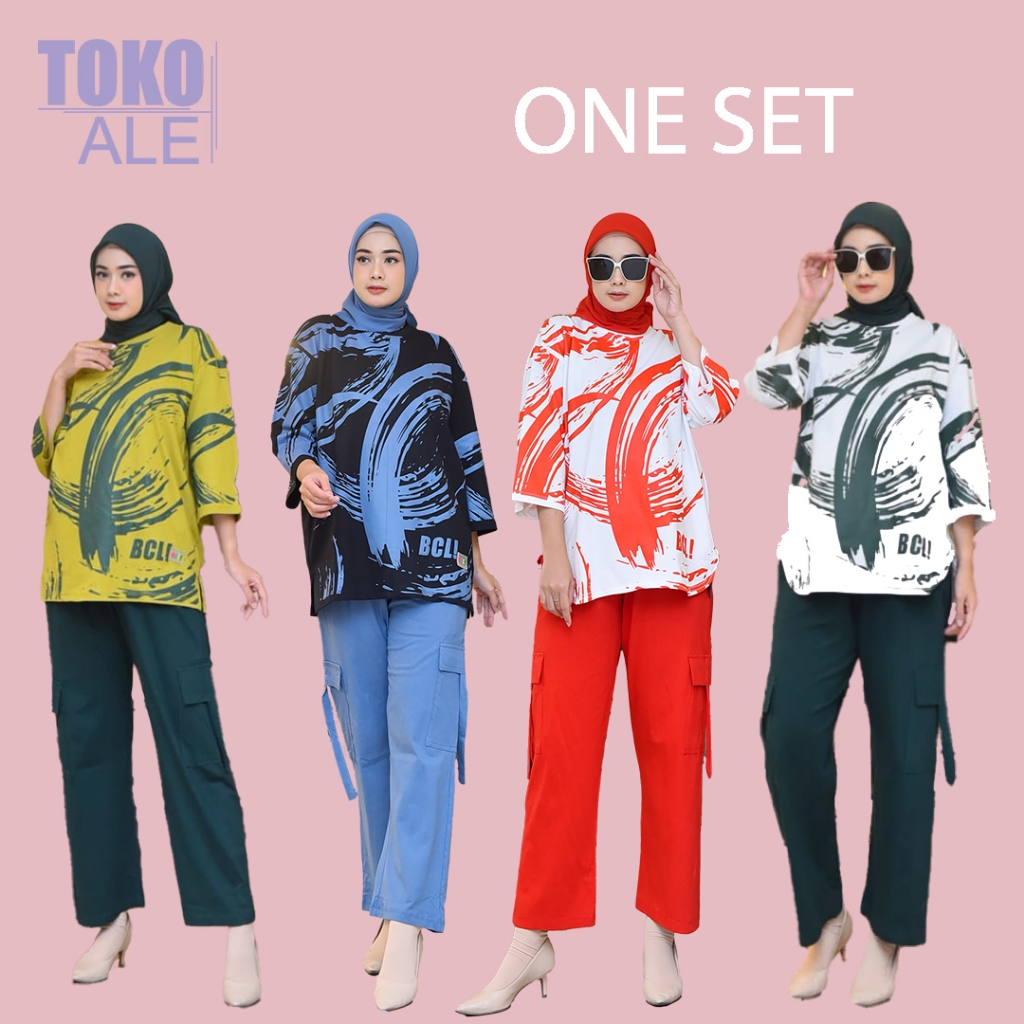 Oneset Setelan  Tunik dan Celana Kargo Sablon Abstrak Katun