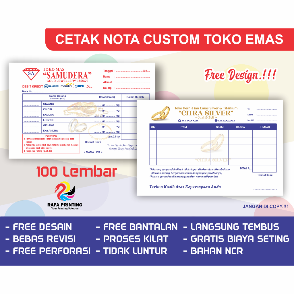Cetak Nota Toko Emas Custom Ukuran 1/4 Folio Free Design