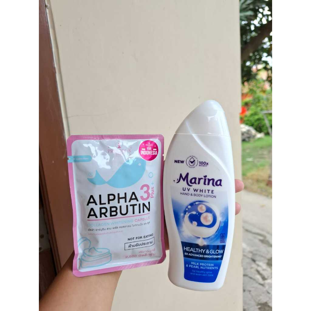 Paket Hb Whitening Bubuk Pemutih Badan Alpha Arbutin Marina Body Lotion Bubuk Capsul Alpha Arbutin G