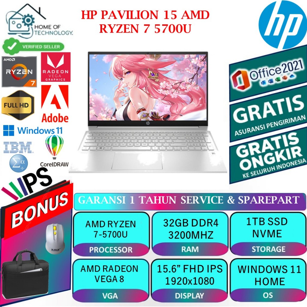 lapto hp pavilion 15 amd ryzen 7 5700u ram 32gb 1tb ssd 15 fhd ips win 11 home blue