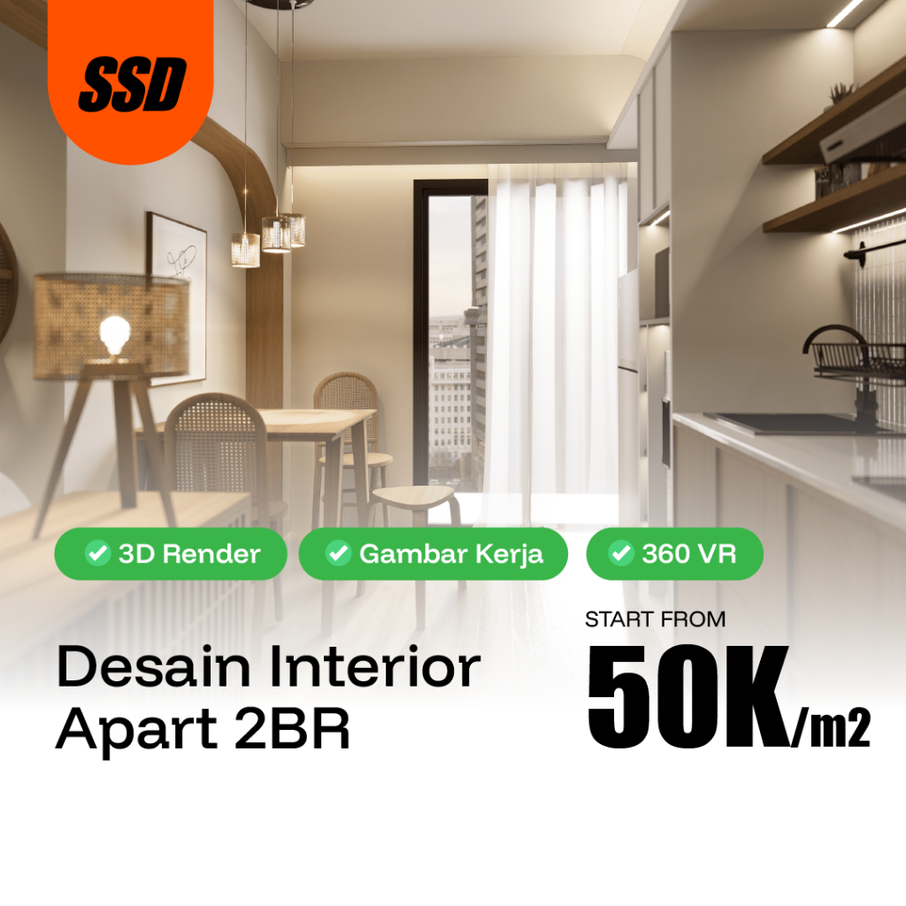 JASA DESAIN INTERIOR APARTEMEN 2BR | 3D, 360 VIEW, GAMBAR KERJA