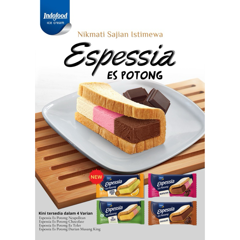 

INDOFOOD - ES POTONG ESPESSIA ES KRIM POTONG SINGAPORE ALL VARIANT RASA NEAPOLITAN COKLAT ES TELER DURIAN MUSANG KING 1 DUS ISI 20 PCS @100ML