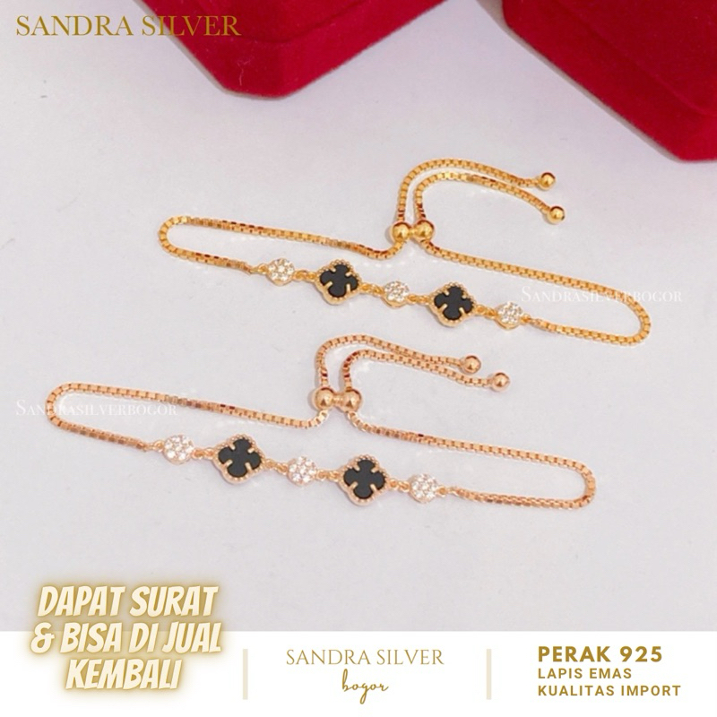 Gelang serut clover hitam Kecil perak 925 lapis emas Gold & Rosegold