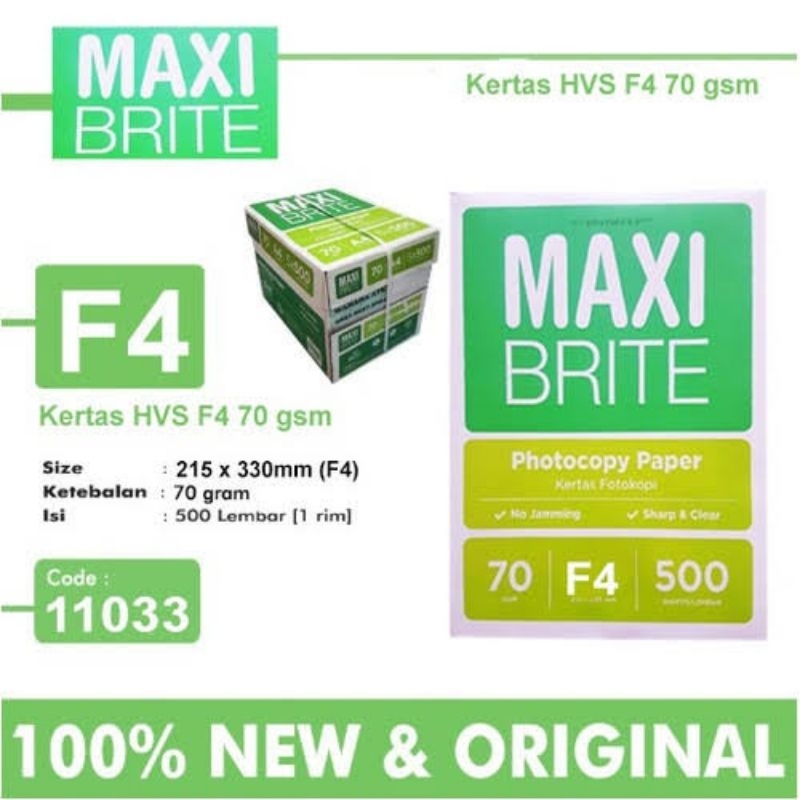 

MAXI BRITE F4 70 GSM | 1 RIM | 500 LEMBAR | KERTAS HVS | KERTAS FOTOKOPI | HASIL JELAS | GROSIR