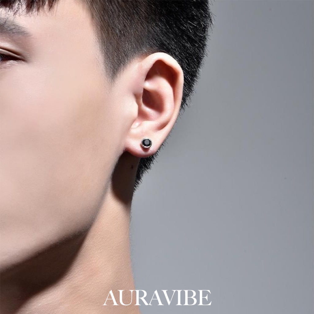 AURAVIBE Laki-laki oniks hitam  anting-anting mewah batu permata hitam kecenderungan subang