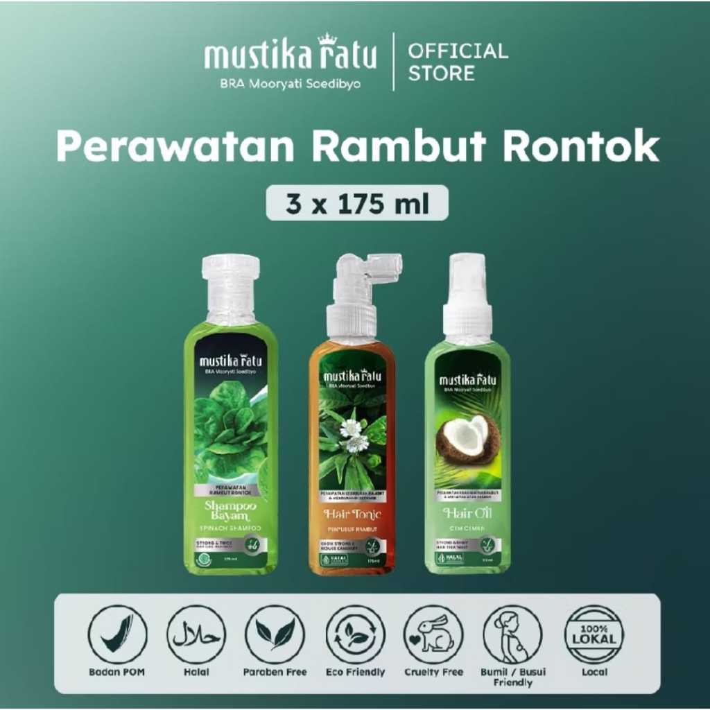 Mustika Ratu Perawatan Rambut Rontok Bundling Sampho bayam ,Hair Tonic, Minyak Cemceman 175 ml