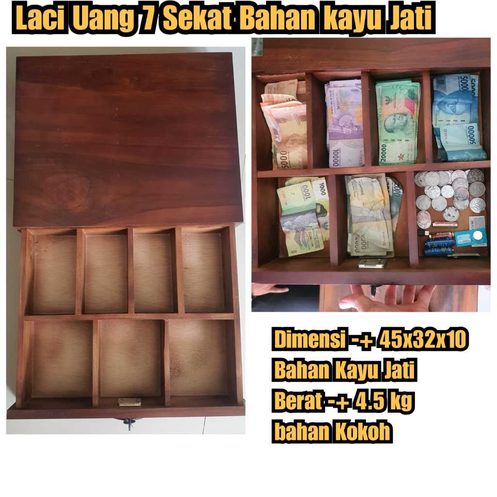 Laci Uang kayu jati 7 sekat ukuran 45 x 35 x 10 berat 4.5 kg kotak uang 7 sekat bahan jati kotak pen