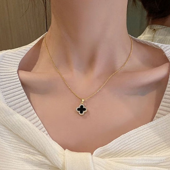 [KL66]Kalung clover Titanium Model Semi Emas Asli Wanita liontin Bunga Hitam Permata Anti Karat dan 